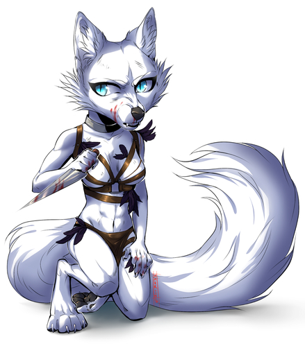 2016 4_toes 5_fingers anthro big_head biped black_lips black_nose blood blue_eyes bodily_fluids canid canine digitigrade feet female fingers fluffy fluffy_tail fur hauringu hi_res holding_object holding_weapon kneeling knife lips mammal midriff navel simple_background solo toes weapon white_background white_body white_fur // 1200x1400 // 847KB