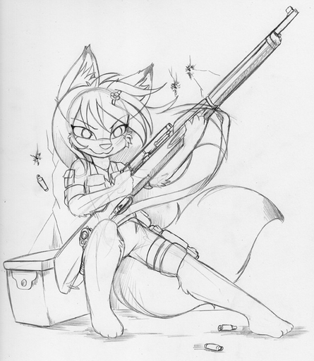 accessory anthro barefoot biped bullet canid canine clothed clothing conditional_dnp feet female fox fur guide_lines gun hair hair_accessory hairclip handgun jay_naylor mammal monochrome pistol ranged_weapon rifle sketch solo traditional_media_(artwork) weapon // 559x643 // 102.9KB