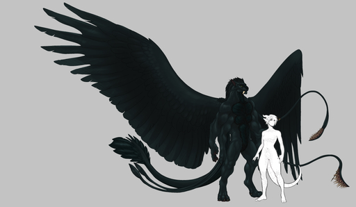 anthro black_body black_feathers chimera digitigrade dragon feathered_wings feathers female hybrid long_tail male multi_arm multi_limb multi_tail multifur nude paws size_difference spread_wings standing tokaido wings // 1200x699 // 293.3KB