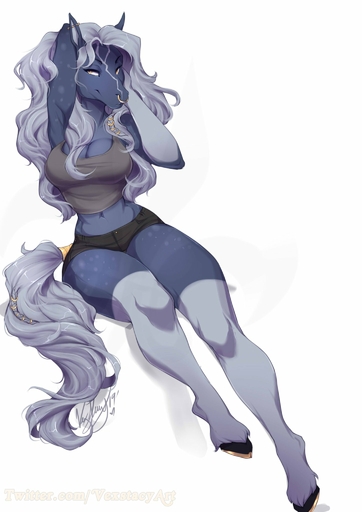 2019 anthro breasts clothed clothing digital_media_(artwork) equid equine female grey_hair hair hi_res hooves horse mammal midriff navel simple_background small_waist solo vexstacy white_background // 1448x2048 // 179KB