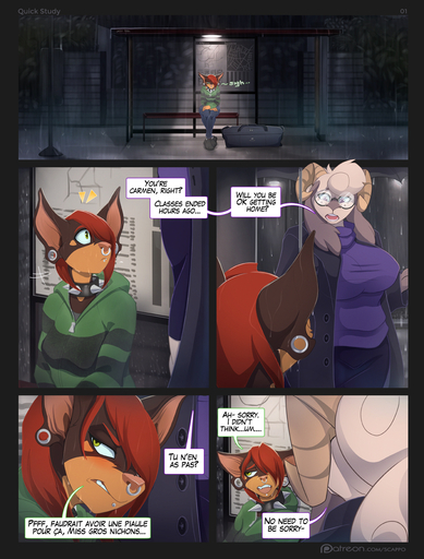 2019 age_difference anthro bag bexley_(scappo) big_breasts black_border blush border bovid breasts brown_body brown_fur bus_stop canid canine canis caprine carmen_herrera clothed clothing coat comic conditional_dnp countershade_face countershading dialogue dobermann domestic_dog duo ear_piercing ear_ring embarrassed english_text eyebrows eyewear facial_piercing female french_text fully_clothed fur glasses green_eyes grey_body grey_fur grey_hair hair hair_over_eye half-closed_eyes hi_res hoodie horn larger_female mammal markings multicolored_body multicolored_fur narrowed_eyes nose_piercing older_female one_eye_obstructed open_mouth outside piercing pinscher ponytail purple_eyes raining ram_horns red_hair ring scappo short_hair side_view sitting size_difference smaller_female speech_bubble sweatshirt tan_body tan_countershading tan_fur text topwear translated two_tone_body two_tone_fur umbrella url wet younger_female // 1026x1350 // 770.0KB