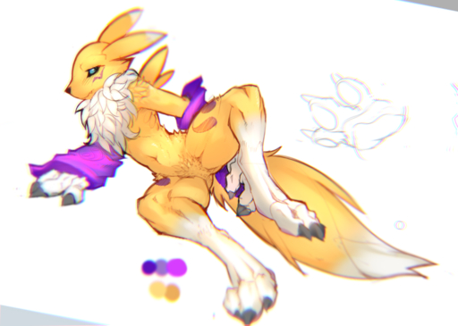 ambiguous_gender anthro blue_sclera canid chest_tuft clothed clothing crotch_tuft digimon_(species) digital_media_(artwork) featureless_crotch fur gloves handwear lying mammal navel on_side partially_clothed renamon shaded simple_background skygracer solo spread_legs spreading tuft white_background white_body white_fur yellow_body yellow_fur // 1150x819 // 570.0KB