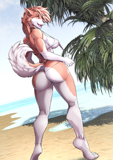 2019 5_fingers anthro beach big_butt breasts butt canid canine canis day detailed_background digital_media_(artwork) domestic_dog female fingers hi_res mammal open_mouth outside seaside smile solo standing teeth tongue twinkle-sez // 1414x2000 // 1.7MB