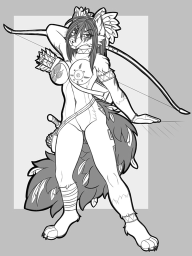 2019 3:4 anthro arrow bow_(weapon) breasts canid canine canis digital_media_(artwork) female genitals hair hi_res holding_object holding_weapon mammal monochrome nipples pussy ranged_weapon solo tales_foxdale weapon wolf // 960x1280 // 168.0KB