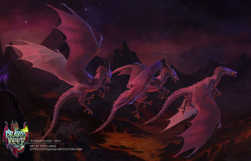 2019 ambiguous_gender claws detailed_background digital_media_(artwork) dragon english_text feral group hi_res horn lava membrane_(anatomy) membranous_wings night open_mouth outside red_body red_scales scales scalie sky star starry_sky tatiilange teeth text tongue western_dragon wings // 2500x1601 // 2.7MB