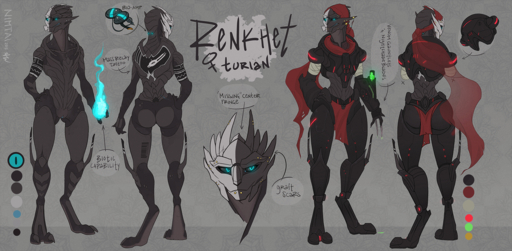 2015 alien blue_eyes butt clothed clothing english_text female front_view genitals glowing glowing_eyes hand_on_hip humanoid mass_effect model_sheet nimtai not_furry nude offon pussy rear_view renkhet_(nimtai) solo text turian video_games // 1589x778 // 1.9MB