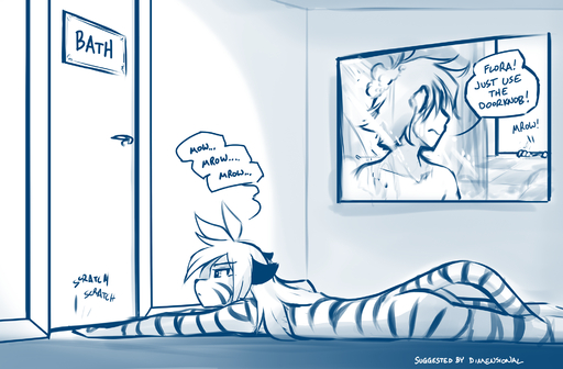 2021 anthro blue_and_white butt casual_nudity comic conditional_dnp dialogue door duo english_text felid female flora_(twokinds) fur hi_res human humor inside keidran lying male mammal meow monochrome nude on_front pantherine scratching showering sign sketch sound_effects striped_body striped_fur stripes text tiger tom_fischbach trace_legacy twokinds webcomic wet // 1948x1280 // 1.4MB