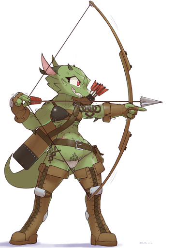 2021 4_fingers abs anthro armor arrow_(weapon) bandeau boots bow_(weapon) breastplate breasts camel_toe clenched_teeth clothed clothing dated fangs female fingerless_gloves fingers footwear gloves green_body green_scales handwear hi_res holding_object holding_weapon horn kemono kobold muscular muscular_anthro muscular_female pink_inner_ear quiver ranged_weapon red_eyes sat_v12 scales scalie scar sharp_teeth signature skimpy_armor small_breasts solo standing tattoo teeth topwear translated_description unconvincing_armor under_boob underwear weapon // 1414x2000 // 724.9KB