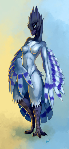 anthro avian beak bird bird_feet blue_eyes breasts covering covering_self feathered_wings feathers female looking_at_viewer non-mammal_breasts nude solo wings zerolativity // 467x1000 // 320.9KB