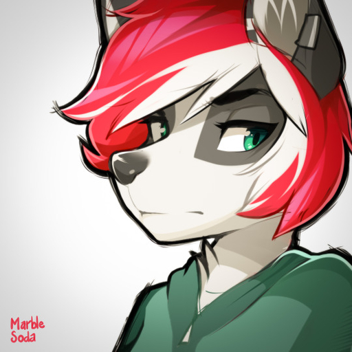 1:1 anthro black_nose canid canine canis clothed clothing crossgender digital_media_(artwork) green_eyes hair inner_ear_fluff male mammal marblesoda piercing portrait procyonid raccoon red_hair rikki simple_background solo tuft wolf // 540x540 // 72.8KB
