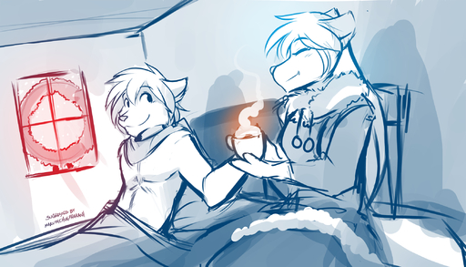 2018 7:4 anthro bed beverage canid canine canis clothed clothing coffee conditional_dnp cup duo eyes_closed female furniture hi_res holding_object inside keidran looking_aside lying male mammal monochrome on_back on_bed raine_silverlock scarf sitting sketch smile steam tom_fischbach topless twokinds under_covers webcomic webcomic_character window wolf zen_(twokinds) // 2240x1280 // 1.4MB