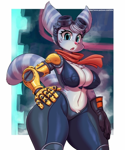 absurd_res anthro big_breasts blue_eyes breasts clothing cybernetic_arm cybernetic_limb eyewear female gloves goggles goggles_on_head hand_on_hip hand_on_leg handwear hi_res lombax looking_at_viewer mammal multicolored_ears multicolored_tail ratchet_and_clank rivet_(ratchet_and_clank) solo sony_corporation sony_interactive_entertainment tagme toto_draw video_games // 3414x4096 // 923.6KB