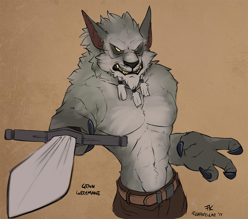 2018 anthro belt blizzard_entertainment bottomwear braided_hair canid claws clothed clothing fluff-kevlar fur genn_greymane hair long_ears looking_at_viewer male mammal melee_weapon muscular muscular_anthro muscular_male pants solo sword topless video_games warcraft weapon were werecanid worgen // 837x740 // 202.5KB
