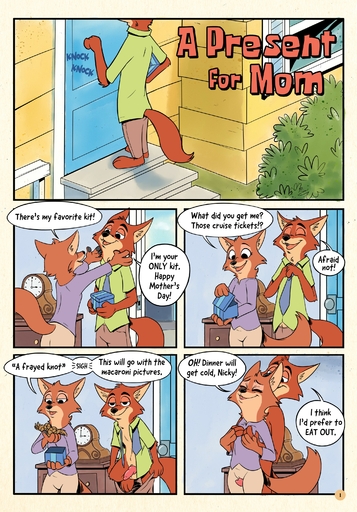 2021 absurd_res animal_genitalia animal_penis anthro anthro_on_anthro barefoot bottomwear canid canine canine_penis clothed clothing comic dialogue disney duo english_text erection feet female fox fully_clothed genitals giftbox hi_res home incest_(lore) knot male malefemale mammal mother mother_and_child mother_and_son mrs._wilde necktie nemonutkin nick_wilde pants parent parent_and_child penis red_fox shirt smile son speech_bubble standing text topwear undressing vulpes zootopia // 2128x3056 // 1.3MB