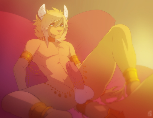 2014 anthro balls biped collar erection felid genitals harem harem_outfit humanoid_genitalia humanoid_penis jewelry liam_(liam-kun) lion looking_at_viewer male mammal nude pantherine patto penis sitting solo spread_legs spreading // 1280x989 // 937.7KB
