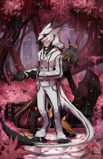 bareffor black_body black_fur black_sclera bosssergal cherry_blossom cigar city claws clothed clothing detailed_background duo fully_clothed fur grey_body grey_fur hair hi_res male necktie park plant pupils raining sergal slit_pupils smile standing suit tacosergal tail_tuft toe_claws tree tuft umbrella white_body white_eyes white_fur yellow_eyes zephra // 828x1280 // 396.3KB