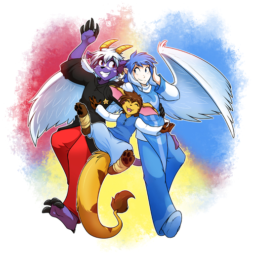 1:1 angel anthro balancing_on_tail big_ears blue_eyes blush buwaro_elexion claws conditional_dnp demon ear_piercing eyes_closed feathered_wings feathers female fur group hair hi_res horn jakkai jewelry kieri_suizahn male mammal multicolored_hair necklace painting_(artwork) pawpads piercing red_eyes rhea_snaketail simple_background slightly_damned standing stripes teenager tom_fischbach traditional_media_(artwork) watercolor_(artwork) webcomic webcomic_character wings young // 1800x1800 // 2.3MB