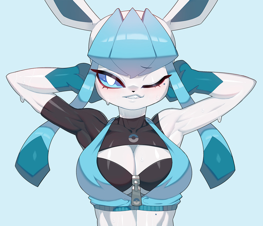 2022 anthro black_clothing black_topwear blue_body blue_clothing blue_ears blue_sclera blue_topwear bodily_fluids breasts cleavage cleavage_cutout clothed clothing collarbone drunk_oak eeveelution female front_view glaceon one_eye_closed pokemon_(species) solo sweat topwear video_games // 1256x1080 // 641.7KB