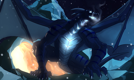 5:3 bioluminescence dragon faint feral glowing glowing_eyes horn male night_sky open_mouth scales snow solo wings // 1100x660 // 600.5KB