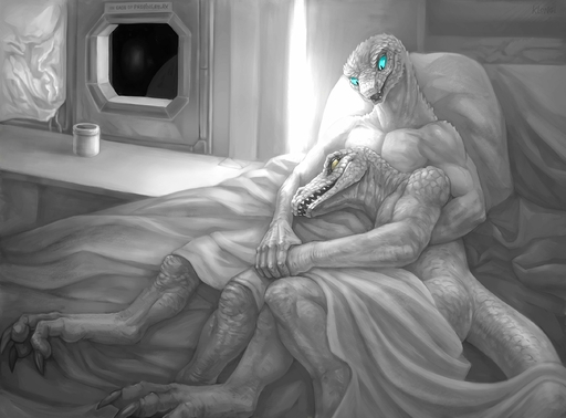 3_toes 5_fingers anthro barefoot bed bed_sheet bedding biceps blue_eyes brev claws container crocodile crocodilian crocodylid cuddling cup duo feet fingers furniture hand_holding heljek hi_res inside klongi lying male malemale muscular muscular_male nude on_back on_bed on_side open_mouth pecs pillow pupils reptile scales scalie sharp_teeth slit_pupils smile snake space spot_color teeth toe_claws toes under_covers vein window yellow_eyes // 2696x1992 // 547.1KB