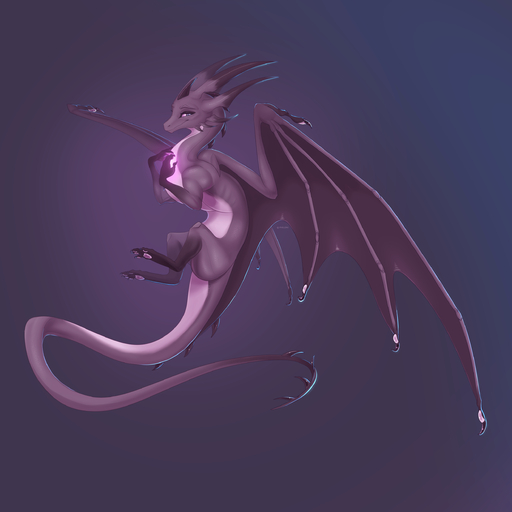 1:1 2019 absurd_res claws digital_media_(artwork) dragon female feral hi_res horn long_tail looking_at_viewer membrane_(anatomy) membranous_wings pheloniblazyk purple_background purple_body purple_skin scalie simple_background smile solo western_dragon wings // 2500x2500 // 1.2MB