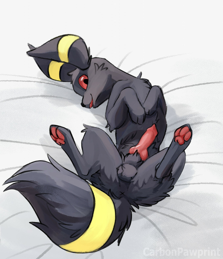 animal_genitalia animal_penis anus balls black_body black_fur canine_penis carbonpawprint cheek_tuft chest_tuft digitigrade eeveelution erection facial_tuft fangs feral fur genitals hi_res high-angle_view hindpaw knot legs_up looking_at_viewer lying male on_back open_mouth pawpads paws penis pokemon_(species) quadruped shaded solo spread_legs spreading tuft umbreon video_games x_anus yellow_body yellow_fur // 1106x1280 // 236.1KB