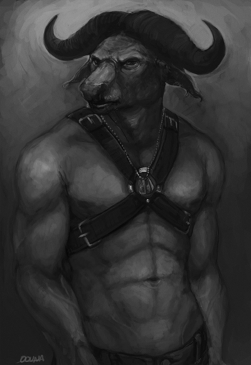 abs anthro balus balus_bubalis bdsm bottomwear bovid bovine buffalo_(disambiguation) cape_buffalo cattle clothed clothing conditional_dnp dog_tags harness horn layleaux leather looking_at_viewer male mammal monochrome nipples oouna pants solo tapestries topless true_buffalo water_buffalo // 620x898 // 236.8KB