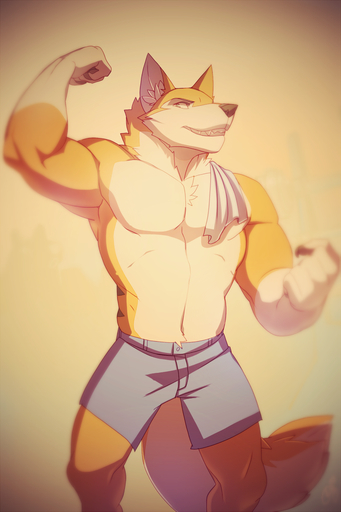 anthro athletic biceps big_muscles biped bottomwear brown_body brown_fur brown_nose canid canine canis chest_tuft claws clothed clothing domestic_dog fangs flexing fur hi_res male mammal muscular muscular_anthro muscular_male patto pecs pose shorts solo standing tan_body tan_fur teeth topless tuft white_body white_fur // 852x1280 // 627.7KB