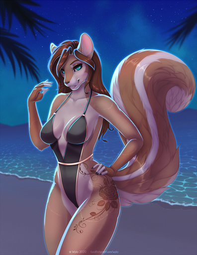 5_fingers anthro beach blue_eyes breasts brown_body brown_fur brown_hair clothed clothing detailed_background digital_media_(artwork) eyebrows eyelashes female fingers fur hair hi_res mammal night outside rodent sand sciurid seaside shaded shoreline skimpy sky solo standing star starry_sky swimwear water wyla zofia_squirrel // 989x1280 // 1.6MB