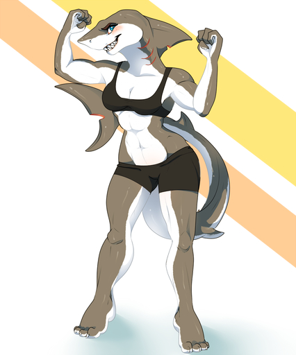 anthro blue_eyes blush breasts clothed clothing digital_media_(artwork) female fish fivel flexing hi_res marine muscular muscular_anthro muscular_female non-mammal_breasts shark solo // 1066x1280 // 405KB