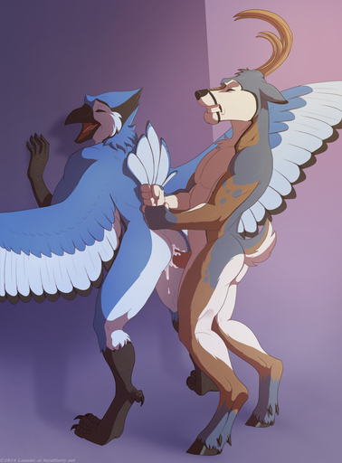 anal anal_penetration anthro anthro_on_anthro antlers avian beak bird black_beak black_nose blue_body blue_fur blue_jay bodily_fluids bodyguard_position butt cervid clenched_teeth corvid cum cum_inside duo erection eyes_closed feathers from_behind_position fur genital_fluids genitals horn interspecies jaiy jay_(bird) lunalei male malemale male_penetrated male_penetrating male_penetrating_male mammal new_world_jay nude open_mouth orgasm oscine passerine penetration penis sex standing standing_sex tail_feathers tail_grab teeth tongue // 813x1100 // 435.0KB