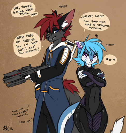 2016 angry anthro blue_body blue_fur blue_hair blush bodysuit breasts canid canine clothed clothing dialogue digital_media_(artwork) domestic_cat duo english_text felid feline felis female fluff-kevlar frown fur gun hair holding_gun holding_object holding_weapon hybrid inner_ear_fluff male mammal multicolored_body multicolored_fur nytro pink_eyes purple_eyes ranged_weapon red_hair scar simple_background sketch skinsuit smile speech_bubble standing teeth text tight_clothing trigger_discipline tuft two_tone_body two_tone_fur vikna weapon white_body white_fur wide_hips // 763x802 // 258.0KB