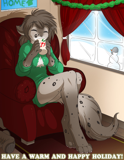 2014 anthro armor biped black_spots boots bottomless brown_body brown_fur brown_hair carrot casual_exposure chair christmas clothed clothing conditional_dnp cup curtains digitigrade drinking english_text eyes_closed female food footwear fur furniture grey_body grey_fur hair headgear helmet holding_cup holding_object holidays hot_cocoa hot_drink hybrid inside kathrin_vaughan keidran long_hair paws plant shadow shirt_logo shoes sign sitting snow snowman sofa solo spots spotted_body spotted_fur sweater text tom_fischbach topwear twokinds vegetable webcomic webcomic_character white_body white_fur window winter // 825x1068 // 285.8KB