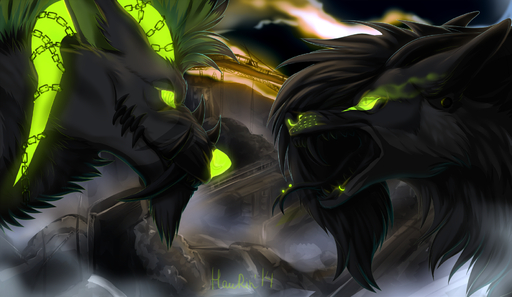 ambiguous_gender black_body black_fur black_nose black_tongue canid canine detailed_background duo feral fur green_eyes hauringu hi_res horn mammal open_mouth smile teeth tongue // 1800x1044 // 1.6MB