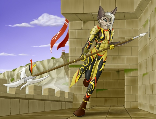 2017 5_fingers anthro armor chiropteran clothed clothing day digital_media_(artwork) female fingers hair holding_object holding_weapon mammal melee_weapon outside sky solo standing tales_foxdale weapon white_hair // 1280x977 // 195KB