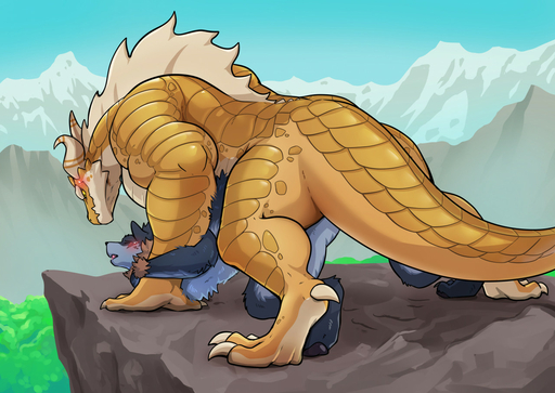 anthro anthro_on_feral bestiality blue_body blue_fur blush canid canine canis day detailed_background dragon duo feral fur male malemale mammal nude outside pukkunnnn scales scalie size_difference sky wingless_dragon wolf yellow_body yellow_scales // 1280x907 // 252.1KB