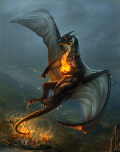 2019 black_body black_scales claws curved_horn day detailed_background dragon feral fire hi_res horn hydlunn membrane_(anatomy) membranous_wings outside red_eyes scales scalie smile solo text url western_dragon wings // 1263x1600 // 1.9MB