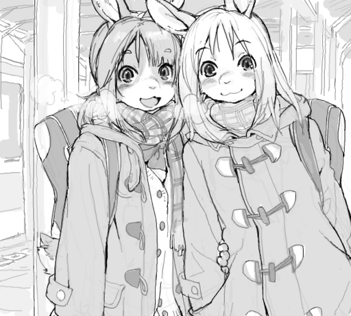 2014 backpack blush breath clothed clothing coat digital_media_(artwork) duo greyscale hair kikurage lagomorph leporid looking_at_viewer mammal monochrome open_mouth rabbit scarf tongue topwear // 600x540 // 177KB