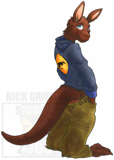2008 anthro baggy_pants barefoot biped blue_eyes bottomwear brown_body brown_fur butt clothed clothing feet fur hand_in_pocket hoodie kangaroo long_ears looking_aside looking_at_viewer macropod male mammal marsupial pants pockets rick_griffin side_view simple_background solo standing thick_tail topwear watermark white_background // 488x680 // 43.5KB