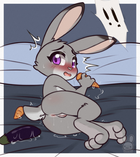 ! absurd_res anthro anus bed bed_sheet bedding blush bodily_fluids border bunnybits butt carrot detailed_background disney eggplant embarrassed female food fruit fur furniture genital_fluids genitals grey_body grey_fur hi_res holding_carrot holding_food holding_object holding_vegetable judy_hopps lagomorph leporid looking_at_viewer lying mammal nude on_side open_mouth plant purple_eyes pussy pussy_juice rabbit rear_view solo toe_curl vegetable white_border zootopia // 2230x2500 // 3.5MB
