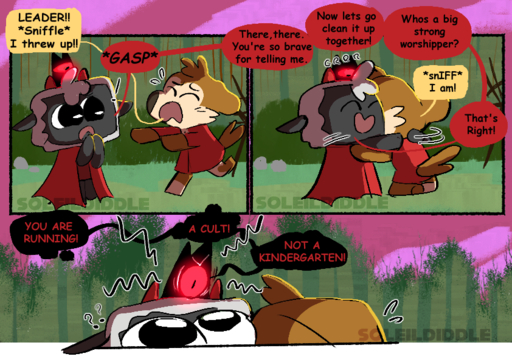 1_eye 2022 3_panel_comic ambiguous_gender angry anthro black_body black_skin black_speech_bubble black_text bodily_fluids bovid brown_body brown_fur canid canine canis cape caprine cel_shading clothing comic crying cultist domestic_dog embrace english_text flying_tears forest full-length_portrait fur gasp glowing glowing_eyes group horizontal_pupils hug kneeling lamb_(cult_of_the_lamb) living_clothing looking_at_another mammal motion_lines open_mouth outside pink_sky plant portrait pupils question_mark red_crown_(cult_of_the_lamb) red_sclera red_speech_bubble red_text running shaded sheep smile soleildiddle speech_bubble tears text tree trio watermark white_body white_fur wool_(fur) yelling yellow_speech_bubble // 842x595 // 568.5KB