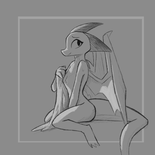 1:1 2020 anthro breasts dragon enginetrap female greyscale hi_res holding_object horn light lighting looking_aside looking_back membrane_(anatomy) membranous_wings monochrome nude scalie simple_background simple_eyes sitting small_breasts smile solo syl_(enginetrap) western_dragon wings // 1400x1400 // 568.2KB