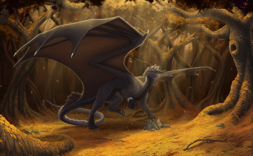 2019 4_claws absurd_res claws day detailed_background digital_media_(artwork) dragon feral forest grass green_eyes hi_res horn keltaan membrane_(anatomy) membranous_wings outside plant scales scalie spines tree western_dragon wings // 3643x2242 // 9.8MB