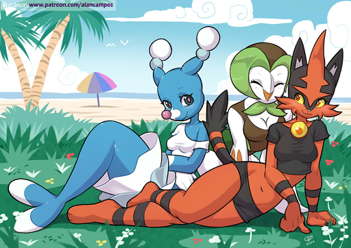 2016 alanscampos anthro anthrofied avian beach bird blue_eyes bottomwear breasts brionne cleavage clothed clothing cute_fangs dartrix day detailed_background dress eyes_closed fangs felid female grass green_hair group hair lying mammal marine merfolk midriff navel non-mammal_breasts orange_eyes outside palm_tree pinniped plant pokemon_(species) pokemorph seaside shorts sky smile split_form starter_trio text torracat tree url video_games wide_hips // 1500x1060 // 615.4KB