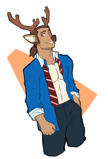 anthro antlers bottomwear brown_hair cervid clothed clothing faint fist fur hair horn looking_aside looking_at_viewer male mammal necktie open_clothing open_shirt open_topwear pants partially_clothed pink_eyes shirt smile solo standing tan_body tan_fur teeth topwear // 680x1000 // 216.5KB