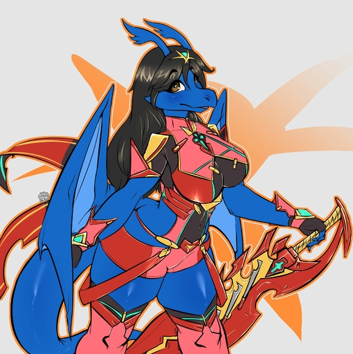 <3 <3_eyes antennae_(anatomy) avante92 black_hair blue_body blue_skin bottomwear breasts brown_eyes clothed clothing cosplay dragon female hair hi_res jv melee_weapon membrane_(anatomy) membranous_wings non-mammal_breasts pyra_(xenoblade) scalie shorts simple_background smile solo sword weapon white_background wings // 1784x1791 // 408.6KB
