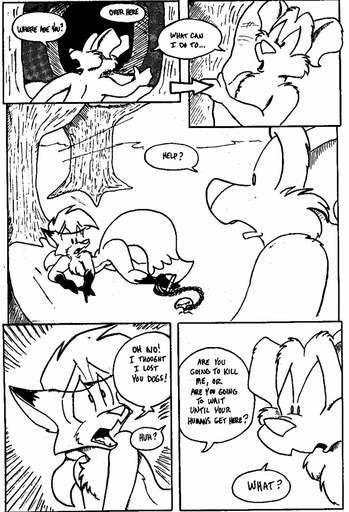anthro bear_trap breasts canid canine canis comic directional_arrow domestic_dog duo english_text eric_schwartz featureless_breasts female fox lying male mammal monochrome outside plant tammy_vixen text tor_dog trap_(contrivance) tree wounded // 682x1000 // 185.3KB