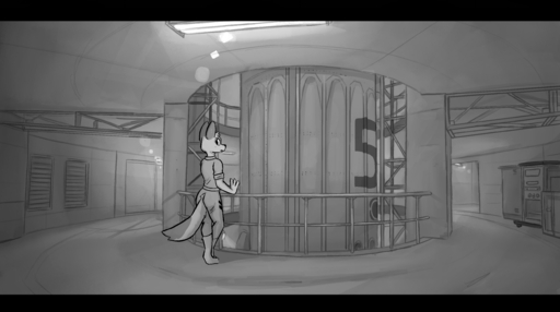 2022 anthro canid canine canis clothed clothing detailed_background digital_media_(artwork) enginetrap fully_clothed greyscale hi_res inside jackal letterbox light lighting mammal monochrome solo syl_(enginetrap) // 2616x1462 // 1.8MB