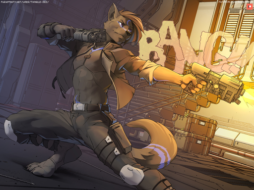 2021 anthro bottomwear canid canine canis city clothing container cyberpunk descriptive_noise digitigrade dual_wielding furaffinity gun holding_object holding_weapon jacket male mammal pants ranged_weapon solo stairs text topwear twinkle-sez url weapon wolf // 1500x1125 // 1.2MB