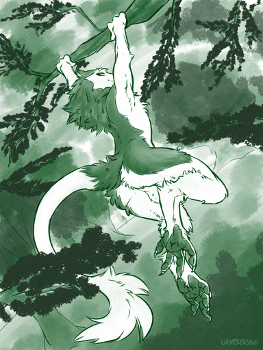 3:4 4_fingers 4_toes arm_tuft balls butt claws dangling digitigrade elbow_tufts feet fingers genitals hindpaw looking_at_viewer looking_back low-angle_view male mane nude pawpads paws perineum plant prehensile_feet sergal smile solo tail_tuft toes tree tuft unimpressive_(artist) // 675x900 // 211.4KB